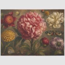 Olie-schilderij met vintage pioen en vlinder in bo