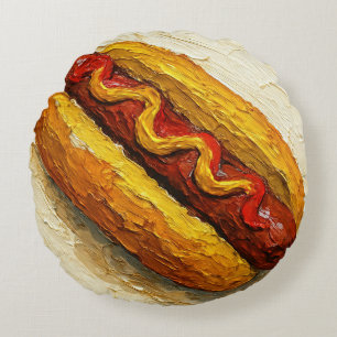 Olie-schilderij van Hot Dog (#1) Rond Kussen