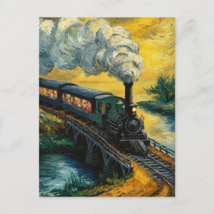Olie-schilderij van stoomlocomotief trein uit het briefkaart