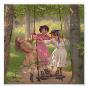 Olie-schilderij van victoriaanse meisjes op schomm foto afdruk