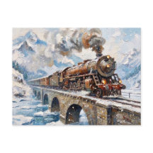 Olie-schilderij van vintage stoomtrein besneeuwde