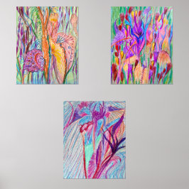 Oliepastel & Potlood Botanische Wall Art Trio Muurkunst Sets