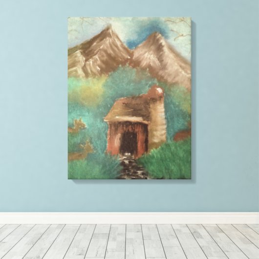 Oliepastel van kleine oude schuur met vrouwen elan canvas afdruk (Insitu (Houten vloer))