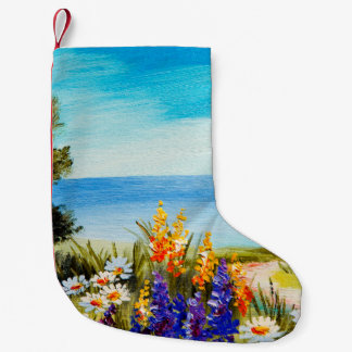 olieschilderbloemen nabij het zee, kamilleveld, kleine kerstsok