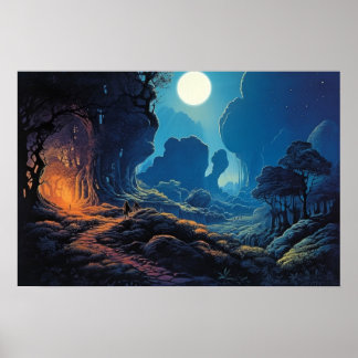 Olieschilderende surrealistische wikkeling in moon poster