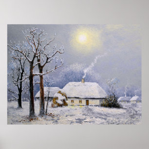 Olieschilderijen landschap. Winter. Oud dorp Poster
