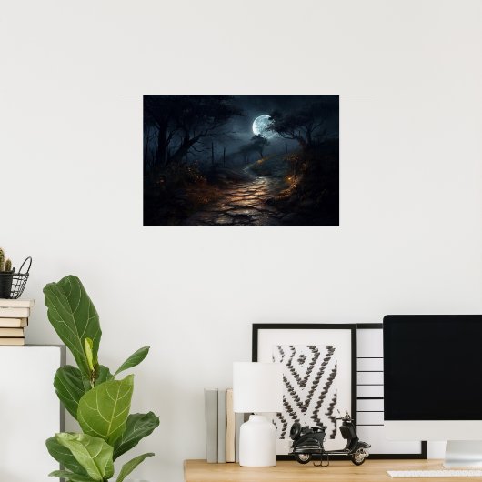 Olieschilderijsteenpad in moonlicht poster (Thuiskantoor)