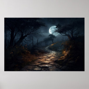 Olieschilderijsteenpad in moonlicht poster