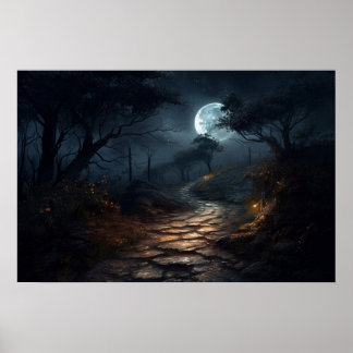 Olieschilderijsteenpad in moonlicht poster
