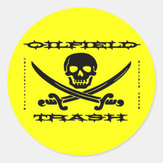 Olieveld afval, olieveld Sticker, schedel, Jolly R Ronde Sticker
