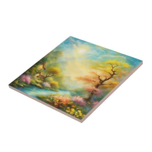 Olieverf een lentelandschap en boom tegeltje (Zijkant)