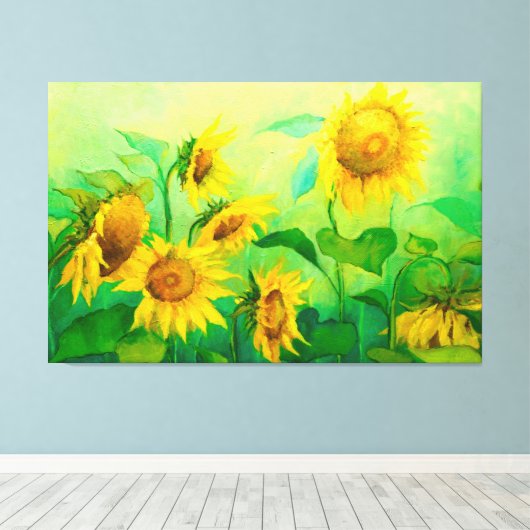 Olieverf op zonnebloemen op Canvas, zonlicht gedru Canvas Afdruk (Insitu (Houten vloer))