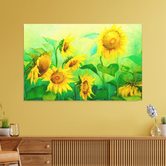 Olieverf op zonnebloemen op Canvas, zonlicht gedru Canvas Afdruk (Insitu (Woonkamer))