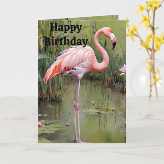 Olieverf roze flamingo in vijver, Kaart (Gele Bloem)
