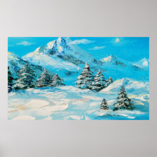olieverf, winterberglandschap met spru poster