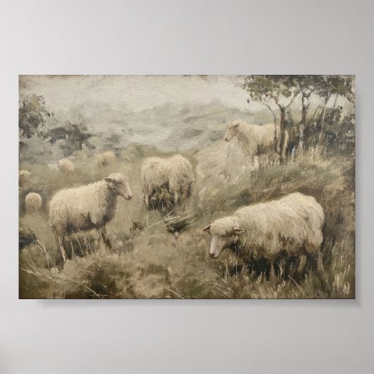 Olieverfschilderij van een groep schapen grazen in poster (Voorkant)