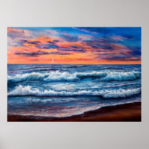 olieverfschilderij van Ocean en strand op canvas. Poster