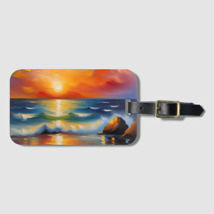 Olieverfschilderij van oranje zonsondergang boven  bagagelabel