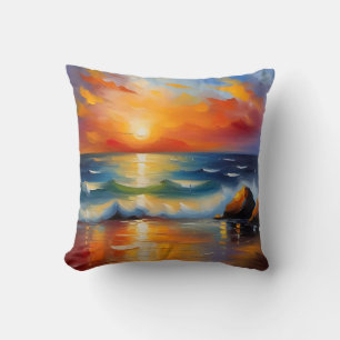 Olieverfschilderij van oranje zonsondergang boven kussen