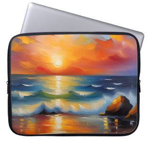 Olieverfschilderij van oranje zonsondergang boven laptop sleeve