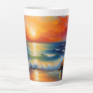 Olieverfschilderij van oranje zonsondergang boven latte mok