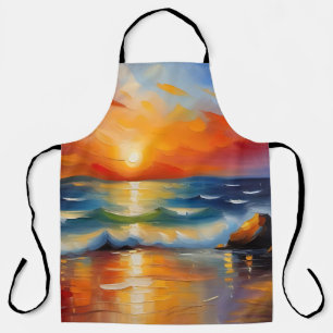 Olieverfschilderij van oranje zonsondergang boven  schort