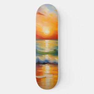 Olieverfschilderij van oranje zonsondergang boven  skateboard