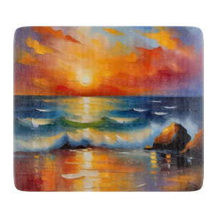 Olieverfschilderij van oranje zonsondergang boven snijplank