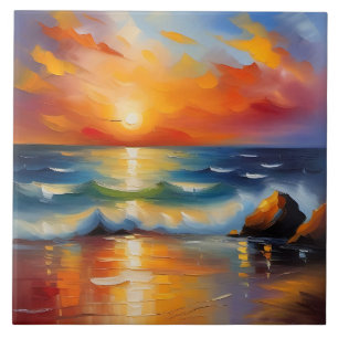 Olieverfschilderij van oranje zonsondergang boven tegeltje