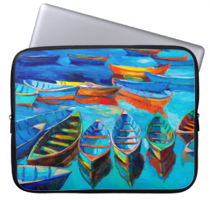 olieverschildering van boten en zee op doek. Sunse Laptop Sleeve