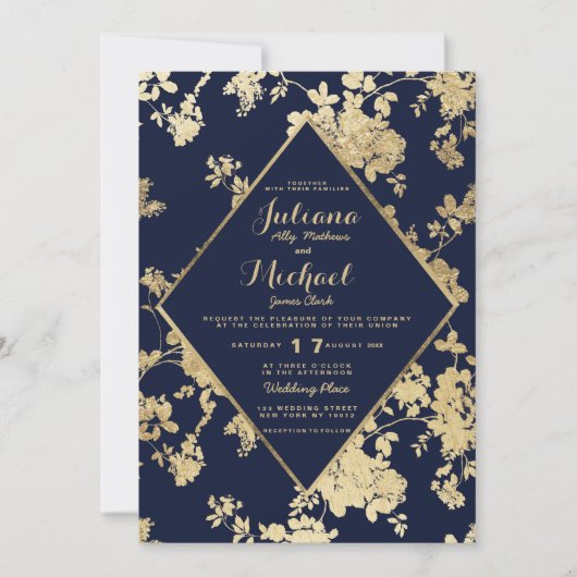 olievlek blauw faux goudflorale bruiloft kaart (Voorkant)