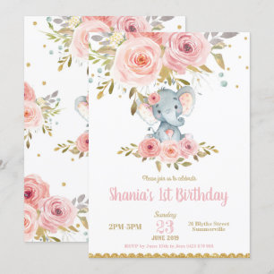Olifant 1e Verjaardag Uitnodiging Meisje Pink Flor