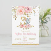 Olifant 3e Verjaardag Uitnodiging Meisje Pink Flor (Staand voorkant)