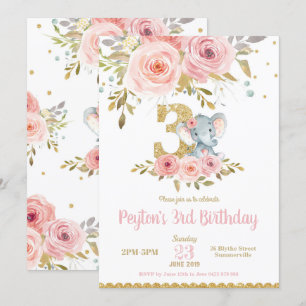 Olifant 3e Verjaardag Uitnodiging Meisje Pink Flor