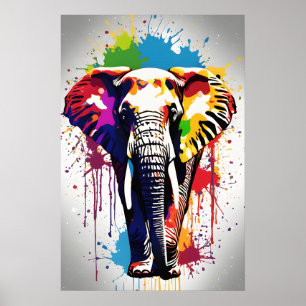 Olifant Art, Wildlife Splatter Art Regenboog Kleur Poster
