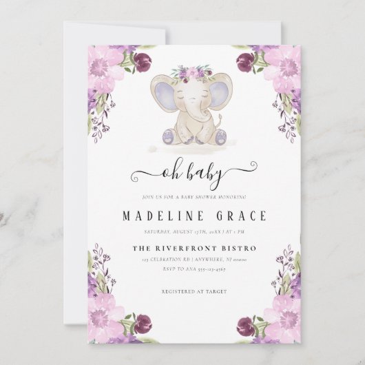 Olifant Baby Meisje Baby Shower Uitnodiging (Voorkant)