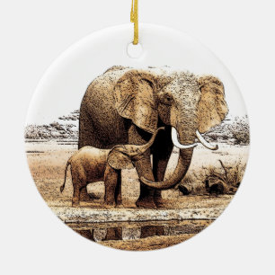 Olifant & Baby Olifant Kerstornament Keramisch Ornament