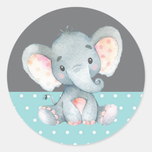 Olifant Baby Shower Aqua en Grijs Ronde Sticker