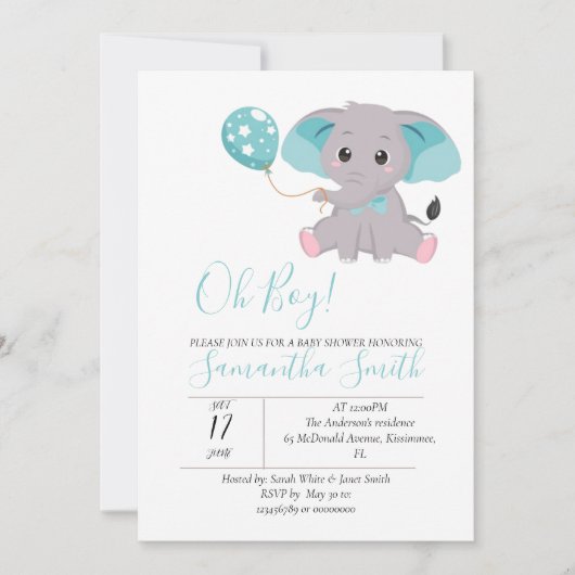 olifant baby shower blauwe ballon uitnodiging (Voorkant)