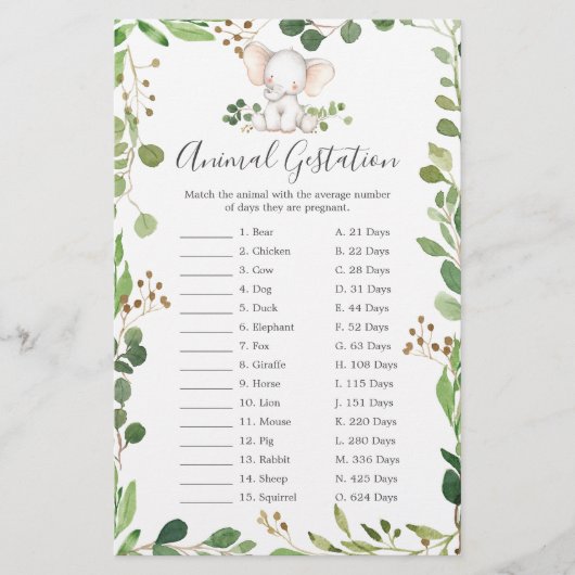 Olifant Baby shower Dier Gestation Spel (Voorkant)