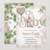 Olifant Baby shower Invitation - Aardtonen Kaart (Voorkant / Achterkant)