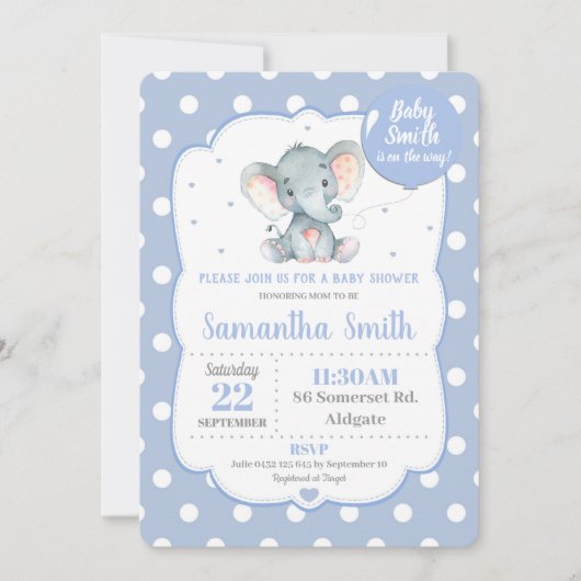 Olifant Baby shower Invitation Blue Polka Dot Boy Kaart (Voorkant)