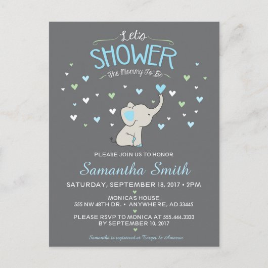 Olifant Baby shower Invitation, Boy Baby shower Uitnodiging Briefkaart (Voorkant)