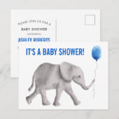 Olifant Baby shower Invitation Briefkaart, blauw Uitnodiging Briefkaart (Voorkant / Achterkant)