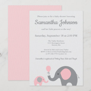 Olifant Baby shower Invitation in Roze en Grijs Kaart