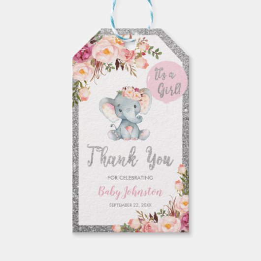 Olifant Baby shower Silver Dank je wel gunst Cadeaulabel (Voorkant)