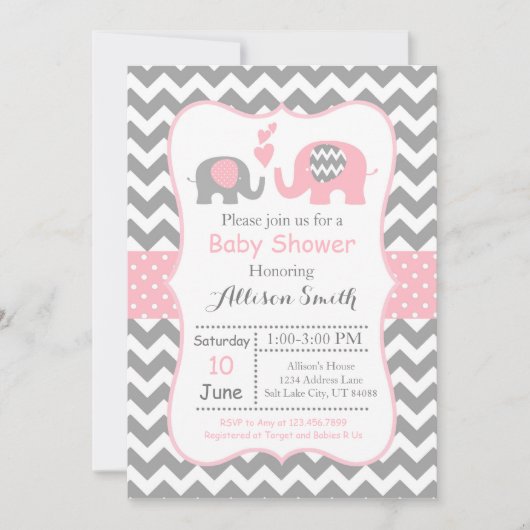Olifant Baby Shower Uitnodiging, Chevron Kaart (Voorkant)
