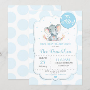 Olifant Baby Shower Uitnodiging Jongen Blauwe Stip