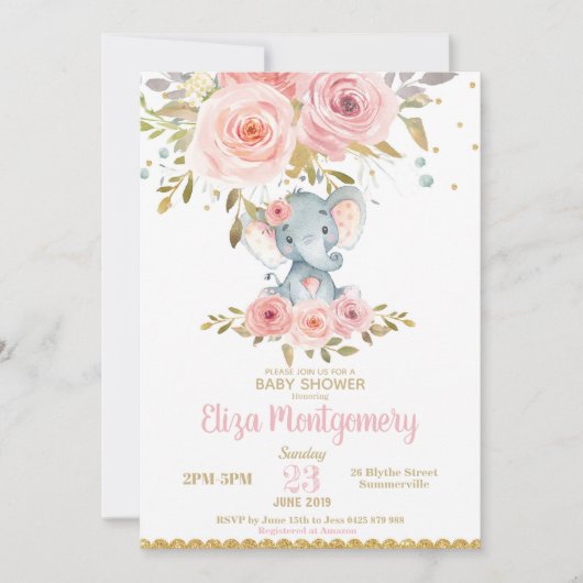 Olifant Baby shower Uitnodiging Roze Bloemen Meisj (Voorkant)