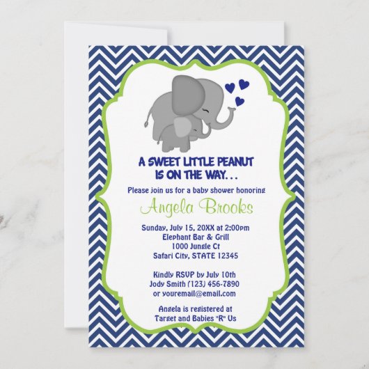 Olifant Baby Shower Uitnodigingen Navy Chevron (Voorkant)
